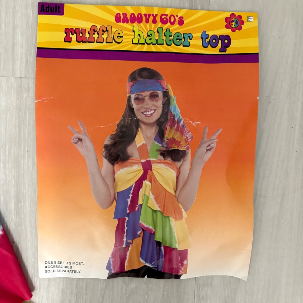 Groovy 60s Ruffle Halter Top Women Tie Dye Costume Hippie Halloween Unique Size